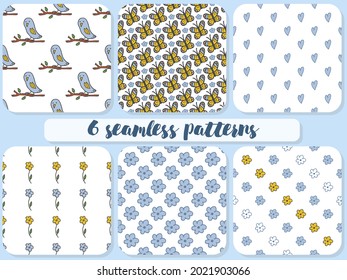 Set of 6 seamless patterns. Doodle style hand drawn. Nature, animals and elements. Blue owls on the branch, flowers and hearts. Yellow butterfly and white flowers with a green le