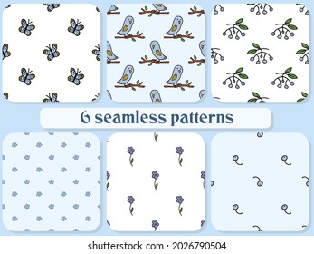 Set of 6 seamless patterns. Doodle style hand drawn. Nature, animals and elements. Blue butterflies, owls, flowers, cranberries and mountain ash (rowan) on a white and light blue background.