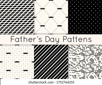 Set of 6 seamless patterns for Fathers day with man mustaches, lines, polka dot, abstract and geometric patterns. Collection of male backgrounds. Modern simple hipster texture.