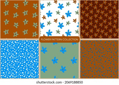 Set of 6 seamless patterns with flowers and abstract shapes. Hand drawn vector illustration for textile, wrapping paper and decoration.