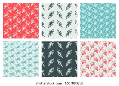 Set of 6 seamless patterns in the Scandinavian style in red, blue and light blue, navy colors. Hand drawn twigs and flowers for fabrics, wallpapers, decoration, paper, cards and stationary.