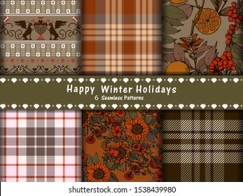 Set with 6 seamless patterns. Winter and Christmas motives, hand drawn flowers, knitted ornaments and plaid 