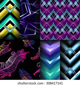 Set of 6 seamless patterns. Zigzag bright shining backgrounds. Ornament with feathers. Multicolor decorations. Modern design.