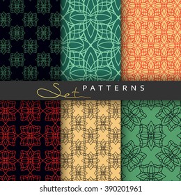 Set of 6 seamless retro geometric patterns . Background tiles for printing . Pattern with triangles. Background stripes. Red green colors . Seamless pattern with geometric shapes