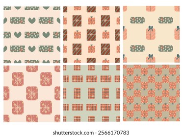 set of 6 seamless retro patterns with gift packages, perfect for website banners, sales promotions, Valentine's cards, covers, flyers, or posters