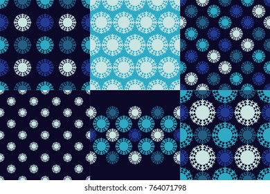 Set of 6 Seamless vector background with snowflakes. Blue Winter pattern. Textile rapport.