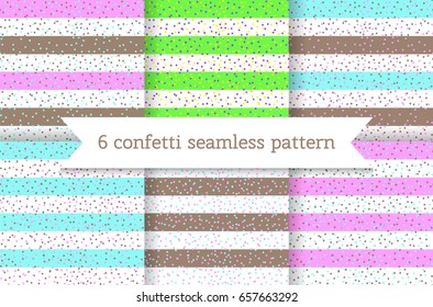 Set of 6 seamless vector confetti pattern, glittering dots. Celebration pattern. Pastel holidays background. Bright glitter pattern.