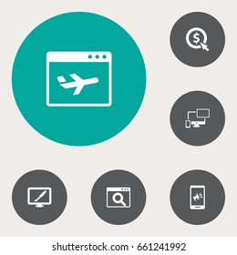Set Of 6 Search Icons Set.Collection Of Airplane, Statistics, Marketing And Other Elements.