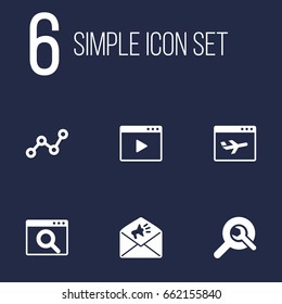 Set Of 6 Search Icons Set.Collection Of Airplane, Statistics, Resulting And Other Elements.