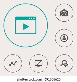 Set Of 6 Search Icons Set.Collection Of Engine, Movie, Resulting And Other Elements.