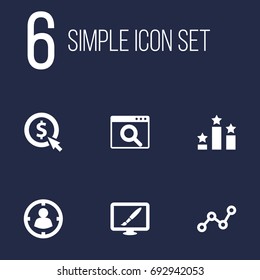 Set Of 6 Search Icons Set.Collection Of Targeting, Design, Magnifier And Other Elements.
