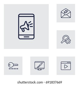 Set Of 6 Search Outline Icons Set.Collection Of Marketing, Advertising, Item Identifier And Other Elements.