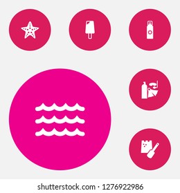 Set of 6 seaside icons set. Collection of tanning spray, sand castle, ice cream elements.