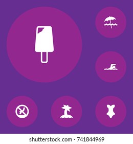 Set Of 6 Seaside Icons Set.Collection Of Sundae, Forbidden, Umbrella And Other Elements.