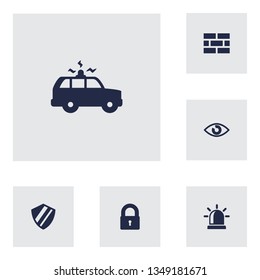 Set of 6 security icons set. Collection of siren, shield, suv and other elements.