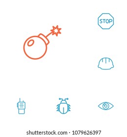 Set of 6 security icons line style set. Collection of bug, stop, hardhat and other elements.