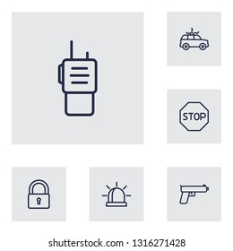 Set of 6 security icons line style set. Collection of siren, suv, padlock and other elements.