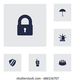 Set Of 6 Security Icons Set.Collection Of Alarm, Remote, Hardhat And Other Elements.