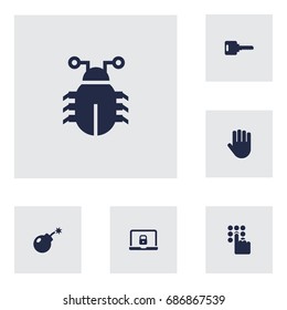 Set Of 6 Security Icons Set.Collection Of Dynamite, Notebook, Open And Other Elements.