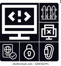 Set of 6 security outline icons such as fence, passport, lock, monitor, coding