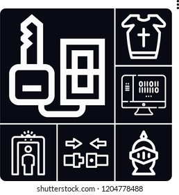 Set of 6 security outline icons such as armour, key, scan, seatbelt, knight