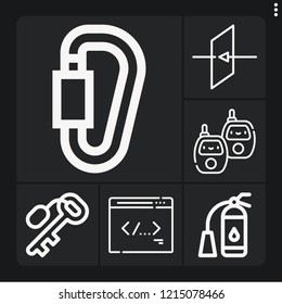 Set of 6 security outline icons such as exit, fire extinguisher, key, carabiner, baby monitor