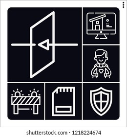 Set of 6 security outline icons such as exit, barrier, safe, dependable, memory card