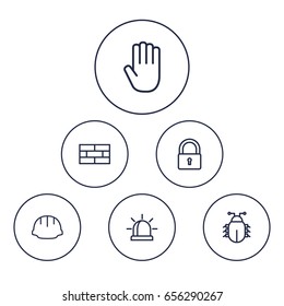 Set Of 6 Security Outline Icons Set.Collection Of Firewall , Hand , Alarm Elements.