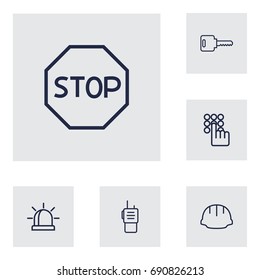 Set Of 6 Security Outline Icons Set.Collection Of Keypad, Helmet, Walkie-Talkie And Other Elements.