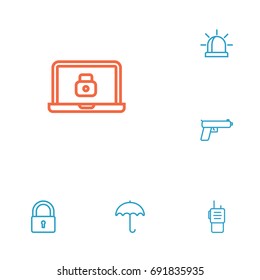Set Of 6 Security Outline Icons Set.Collection Of Alarm, Lock, Parasol And Other Elements.
