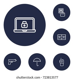 Set Of 6 Security Outline Icons Set.Collection Of Firewall, Parasol, Walkie-Talkie And Other Elements.