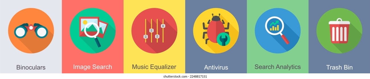 A set of 6 SEO icons as binoculars, image search, music equalizer