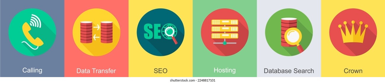 Un conjunto de 6 iconos SEO como llamadas, transferencia de datos, seo