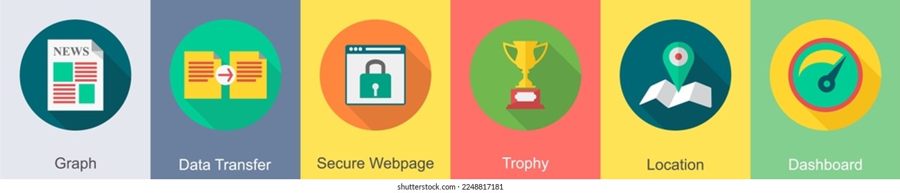 Un conjunto de 6 iconos SEO como gráfico, transferencia de datos, página web segura