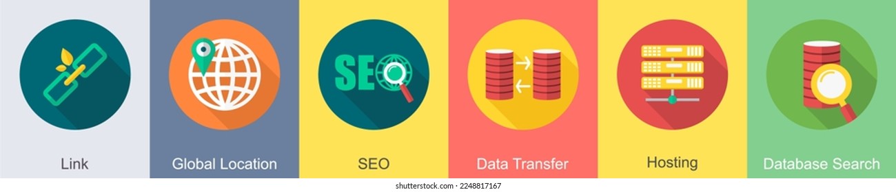 Un conjunto de 6 iconos SEO como enlace, ubicación global, seo