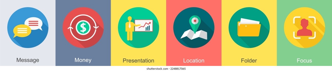 Un conjunto de 6 iconos SEO como mensaje, dinero, presentación