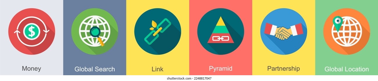 A set of 6 SEO icons as money, global search, link