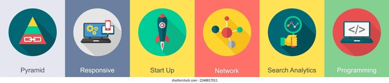 A set of 6 SEO icons as pyramid, responsive, start up