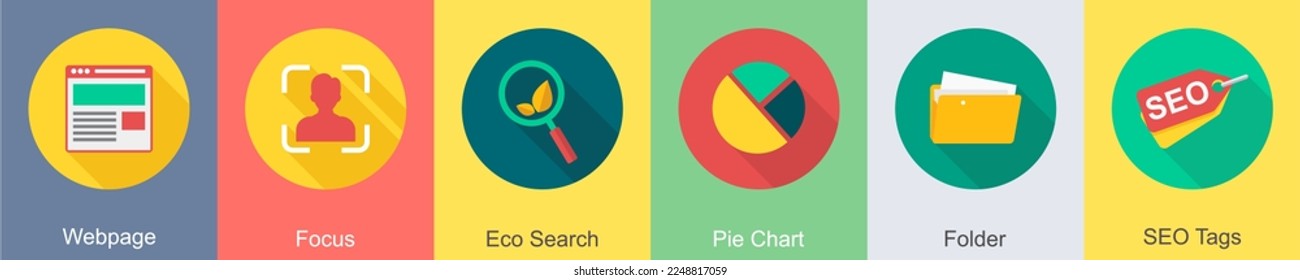 A set of 6 SEO icons as webpage, focus, eco search