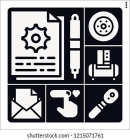 Set of 6 service filled icons such as instructions, rating, air compressor, brake disc, message