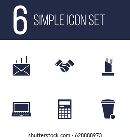 Set Of 6 Service Icons Set.Collection Of Laptop, Trash Can, Handshake Elements.