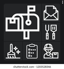 Set of 6 service outline icons such as postman, sweep, postbox, survey, spatula