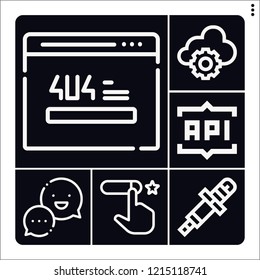 Set of 6 service outline icons such as chat, rating, spark plug, error, api