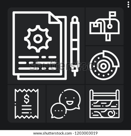 Set of 6 service outline icons such as toolbox, bill, chat, instructions, disc brake