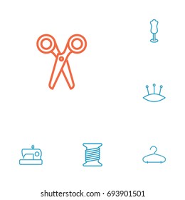 Set Of 6 Sewing Outline Icons Set.Collection Of Pincushion, Scissors, Bobbin And Other Elements.