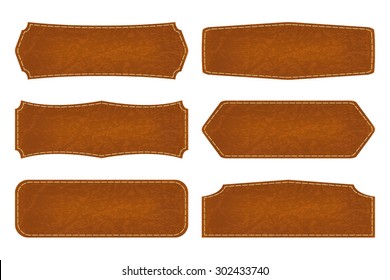 Set of 6 shapes leather sign labels. Vector illustration