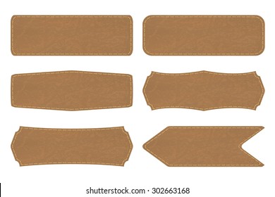 Set of 6 shapes of leather  tag or leather sign labels on white background. Vector illustration