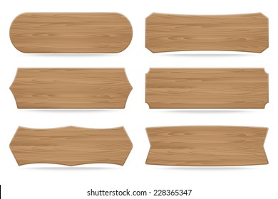 Set of 6 shapes wooden sign boards. Vector illustration