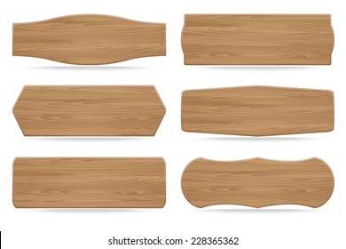 Set of 6 shapes wooden sign boards. Vector illustration