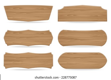 Set of 6 shapes wooden sign boards. Vector illustration